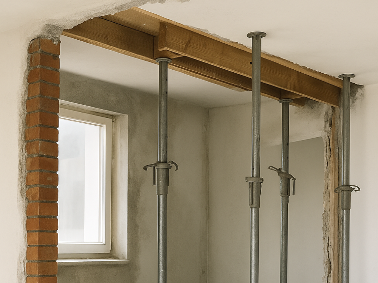 Sanierung & Umbau in Bochum – Bestehendes erhalten, Zukunft gestalten Bauarbeiten mit Metallstützen und offener Wand für Renovierung in Bochum, BriqWerk - Bauunternehmung Bochum