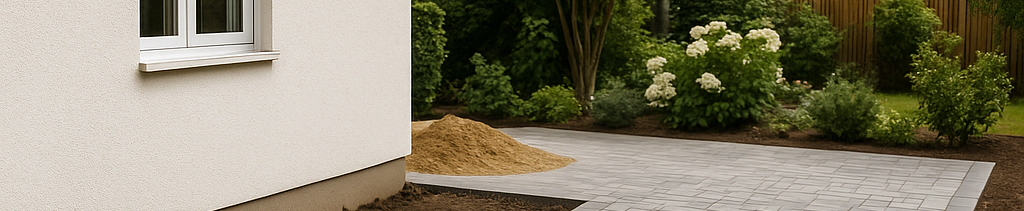 Gepflegte Außenfläche mit Pflasterung am Firmenstandort Sauber verlegte Pflastersteine und gepflegte Gartenanlage vor dem Firmengebäude von BriqWerk Bauunternehmung