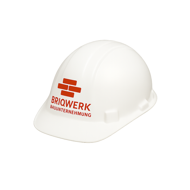 BriqWerk Bauhelm – Symbol für Verantwortung und Zuverlässigkeit Weißer Bauhelm mit rotem BriqWerk Logo – steht für Sicherheit, Verantwortung und echtes Handwerk